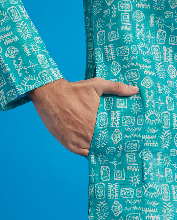 alt message - Diwas Men Turquoise Blue Aztec Print Kurta image number 3