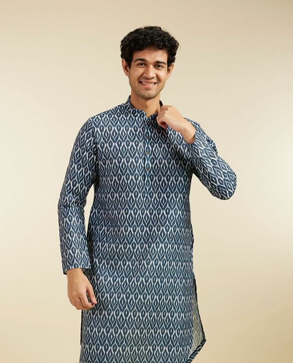 Diwas Men Oxford Blue IKat Print Kurta