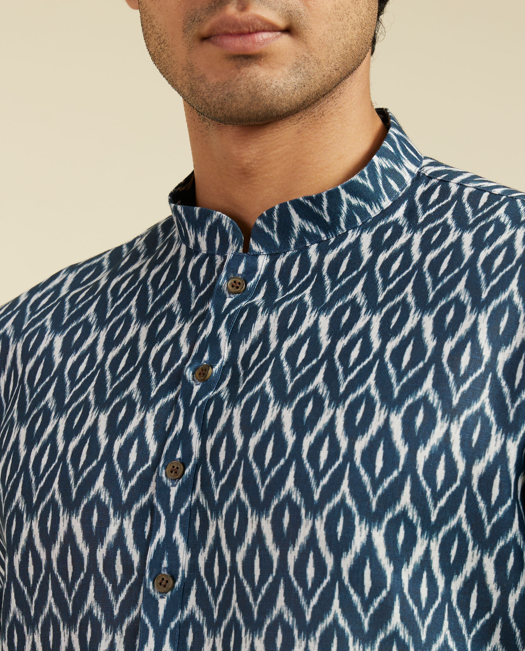 Diwas Men Oxford Blue IKat Print Kurta