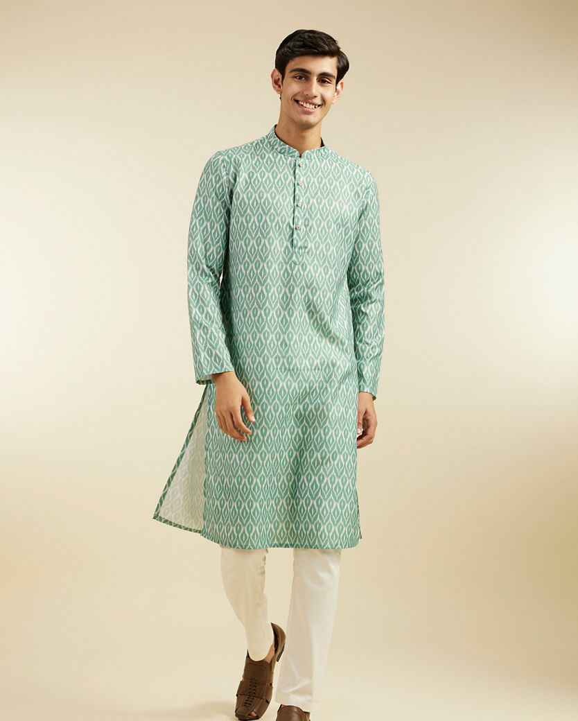 Diwas Men Pistachio Green Ikat Printed Kurta