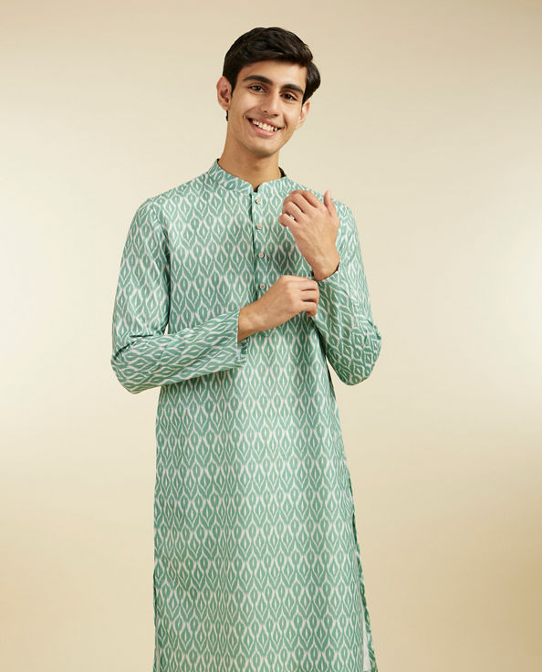 Diwas Men Pistachio Green Ikat Printed Kurta