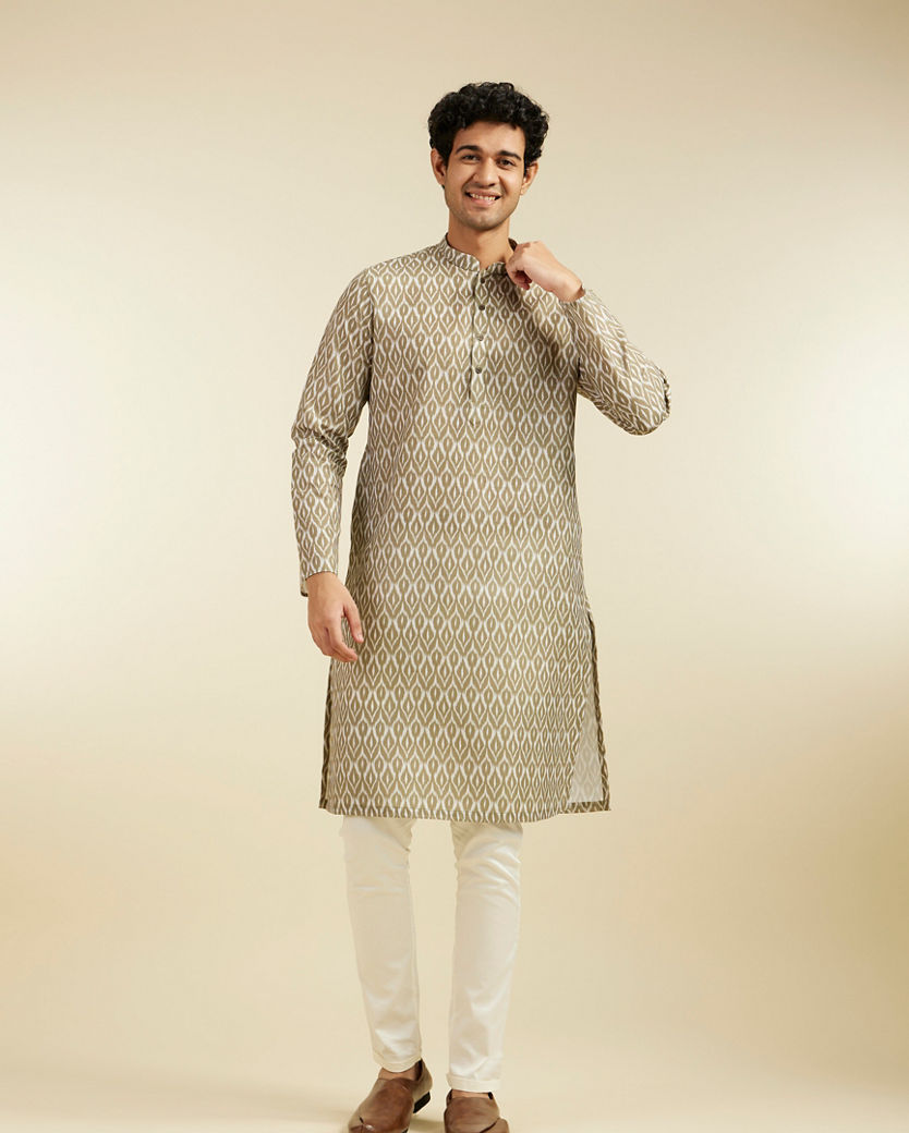 Diwas Men Olive Green Ikat Print Kurta