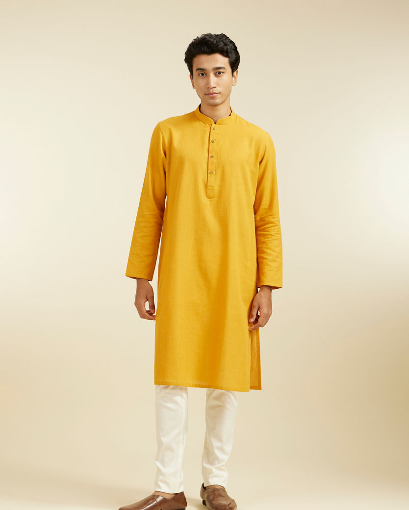 alt message - Diwas Men Mustard Yellow Plain Classic Kurta image number 2