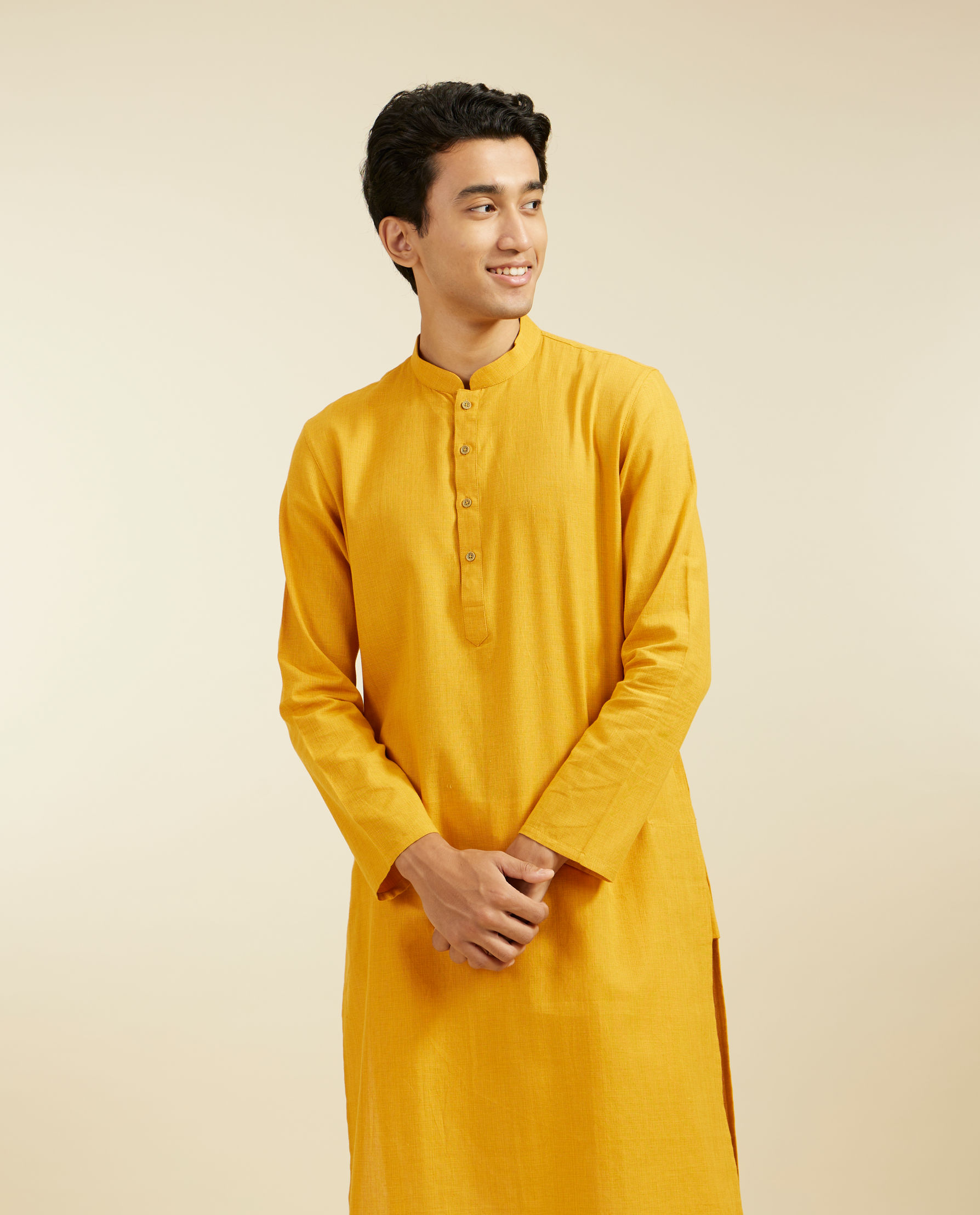 alt message - Diwas Men Mustard Yellow Plain Classic Kurta image number 0