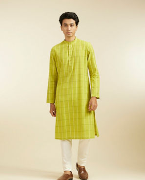 Diwas Men Soft Green Windowpane Checks Patterned Kurta