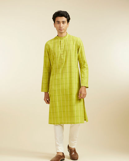 Diwas Men Soft Green Windowpane Checks Patterned Kurta