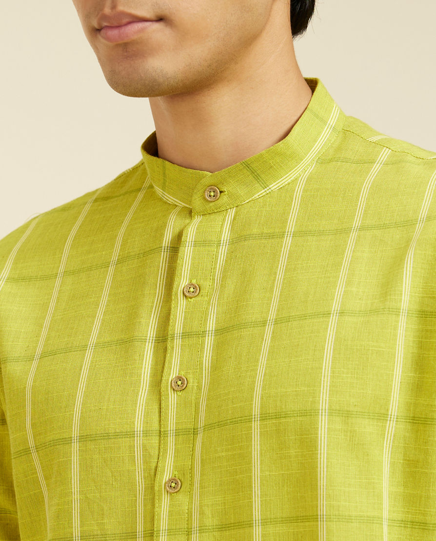 Diwas Men Soft Green Windowpane Checks Patterned Kurta