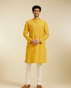 Diwas Men Mustard Yellow Windowpane Checks Patterned Kurta