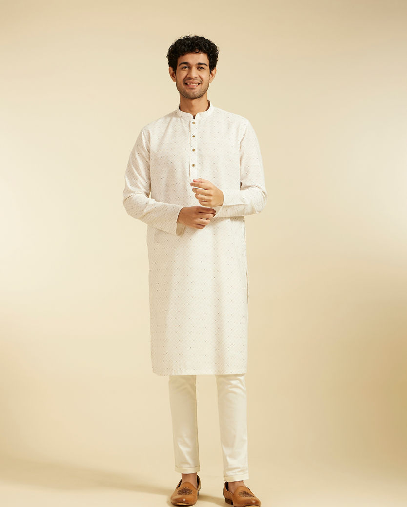 Diwas Men Warm White Lattice Printed Kurta