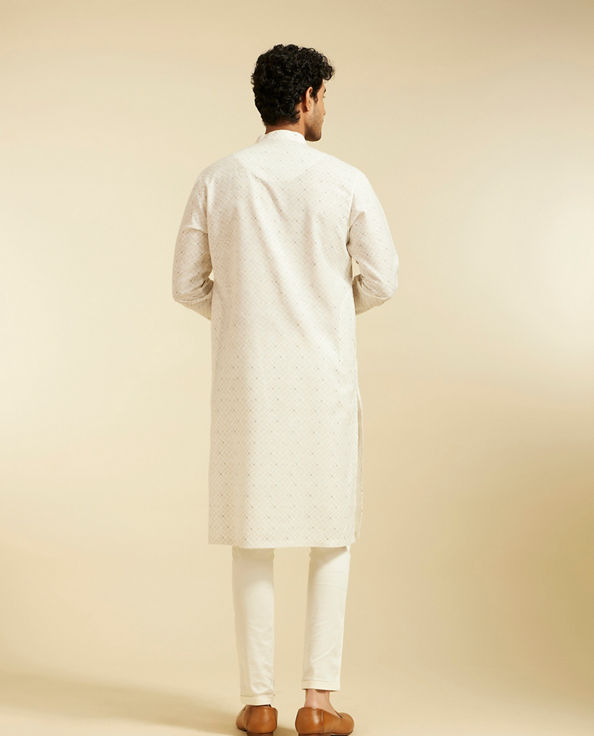 Diwas Men Warm White Lattice Printed Kurta