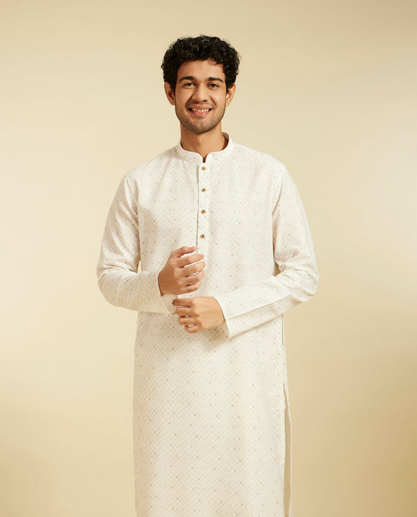 Diwas Men Warm White Lattice Printed Kurta