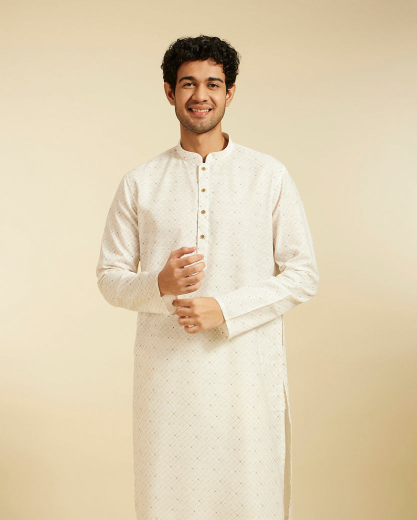 Diwas Men Warm White Lattice Printed Kurta