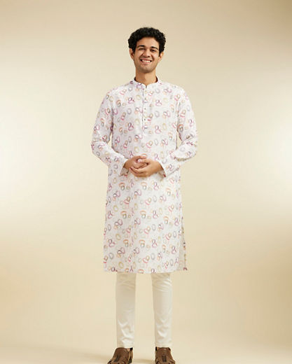 Diwas Men Pearl White Abstract Circles in Watercolour Effect Kurta