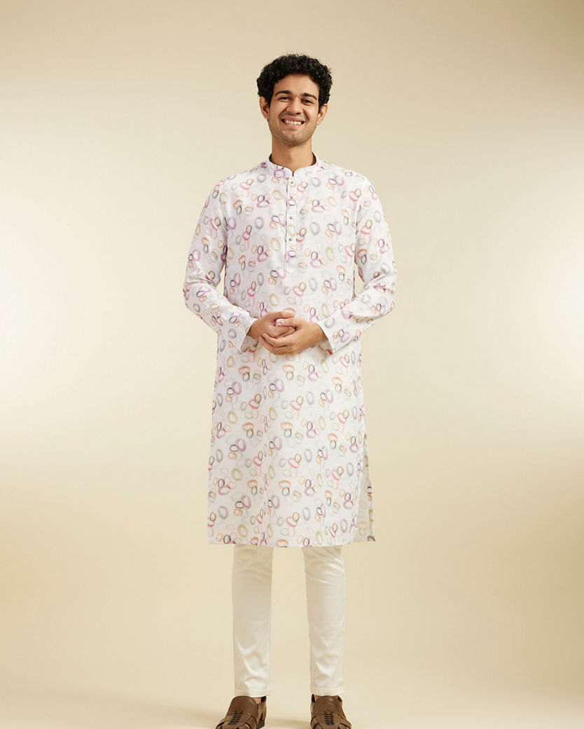 Diwas Men Pearl White Abstract Circles in Watercolour Effect Kurta