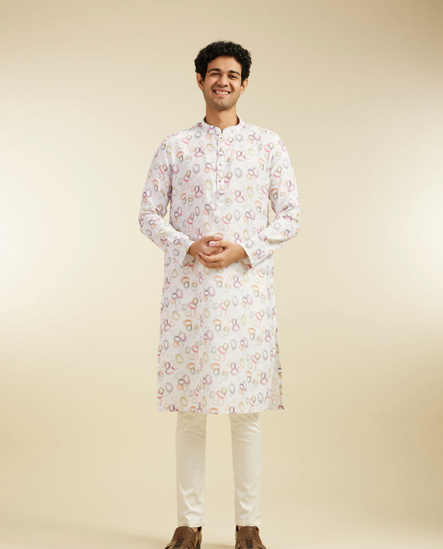Diwas Men Pearl White Abstract Circles in Watercolour Effect Kurta