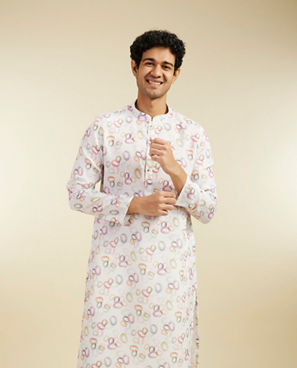 Diwas Men Pearl White Abstract Circles in Watercolour Effect Kurta