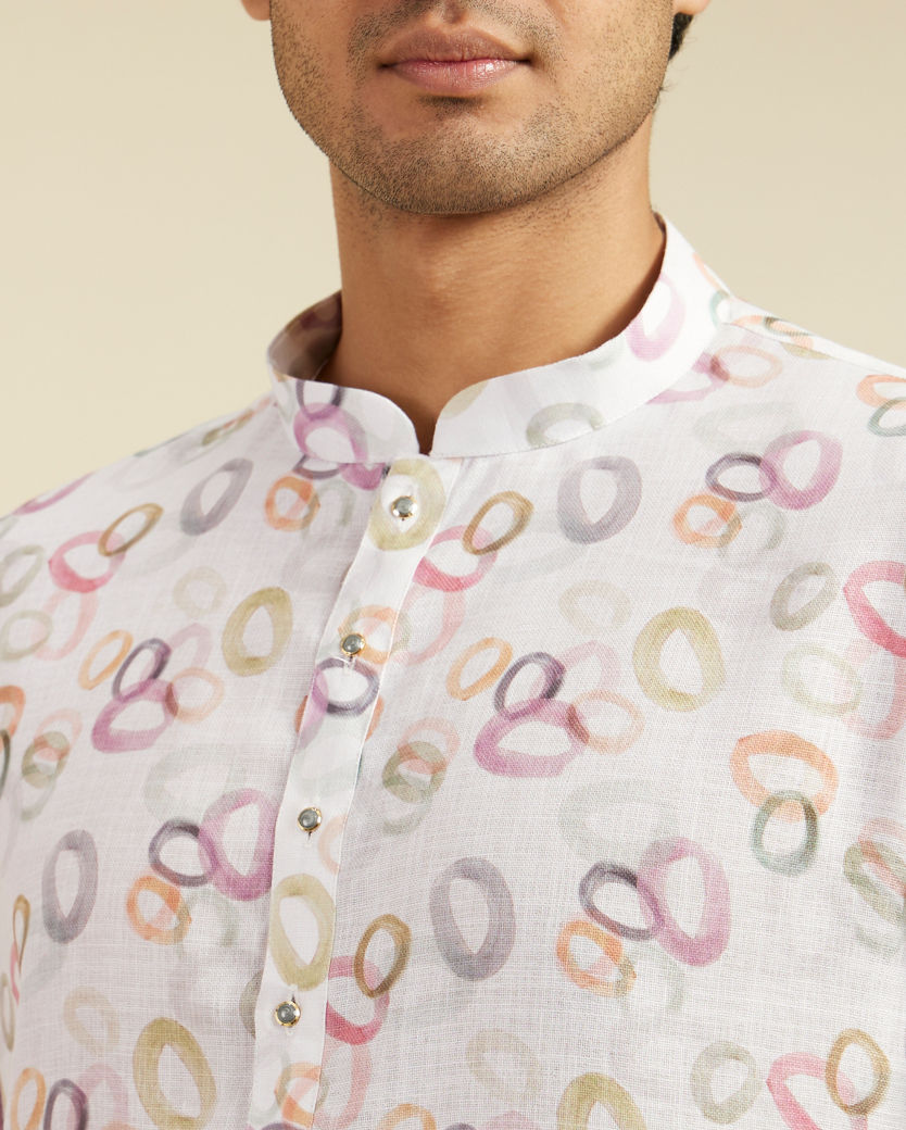 Diwas Men Pearl White Abstract Circles in Watercolour Effect Kurta