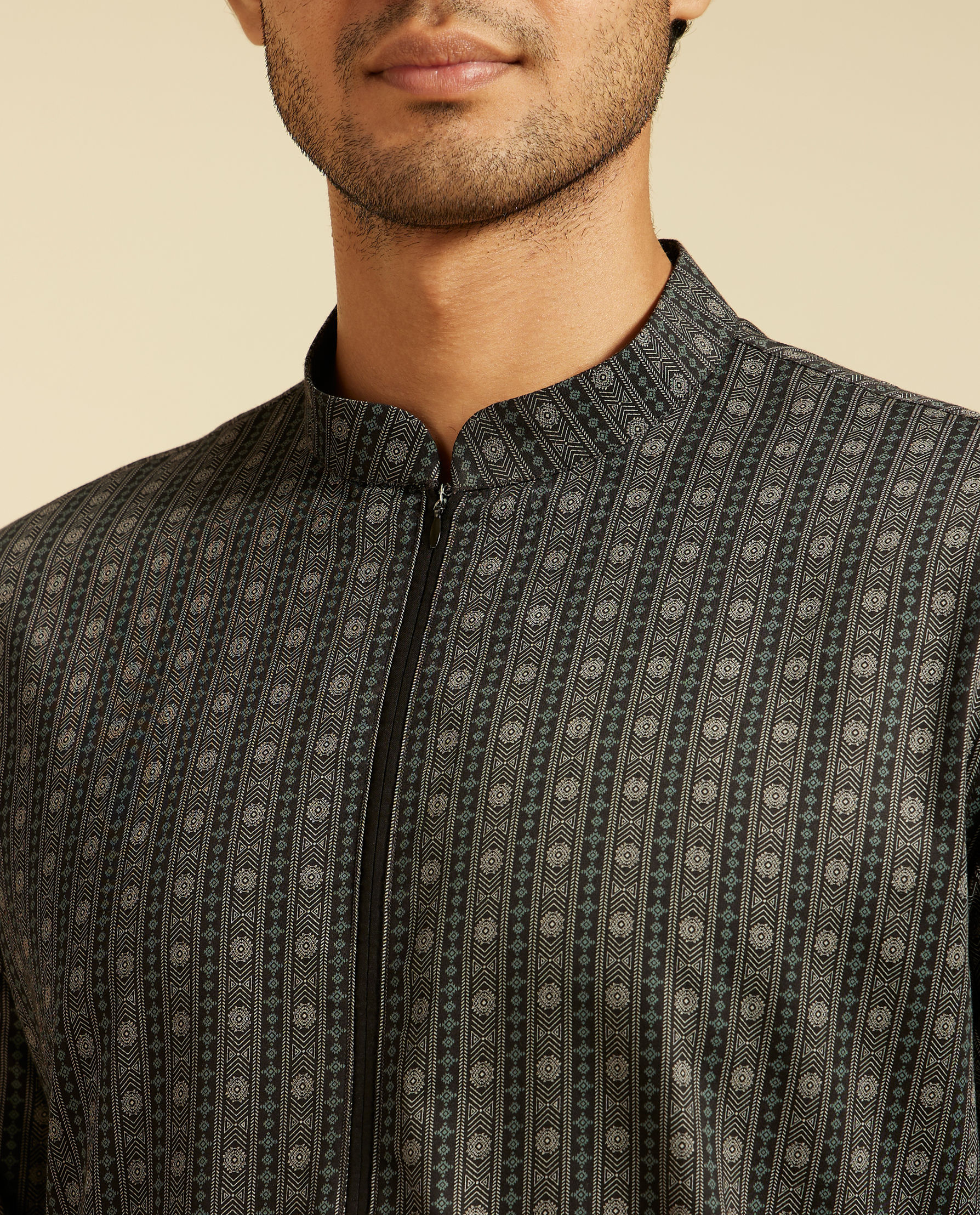 Diwas Men Charcoal Black Linear Printed Kurta