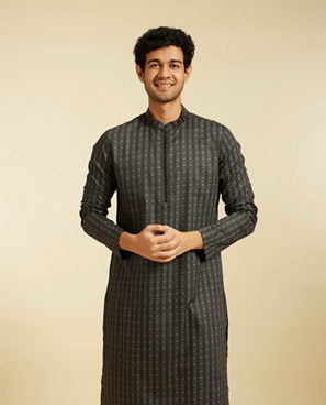 Diwas Men Charcoal Black Linear Printed Kurta