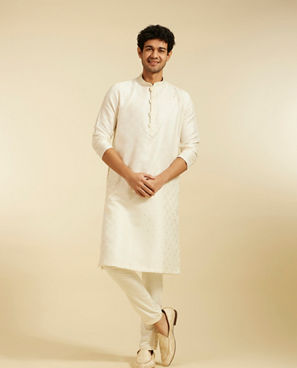 Diwas Men Cream White Lattice Patterned Kurta with Dotted Print