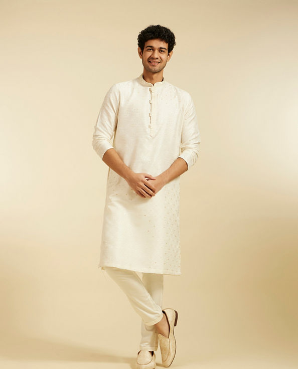 Diwas Men Cream White Lattice Kurta with Dotted Print