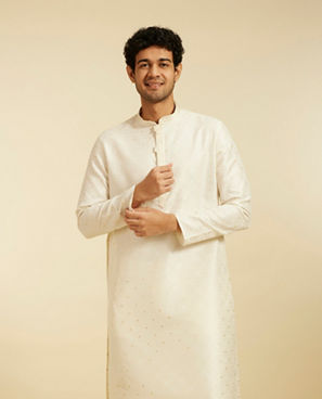Diwas Men Cream White Lattice Patterned Kurta with Dotted Print