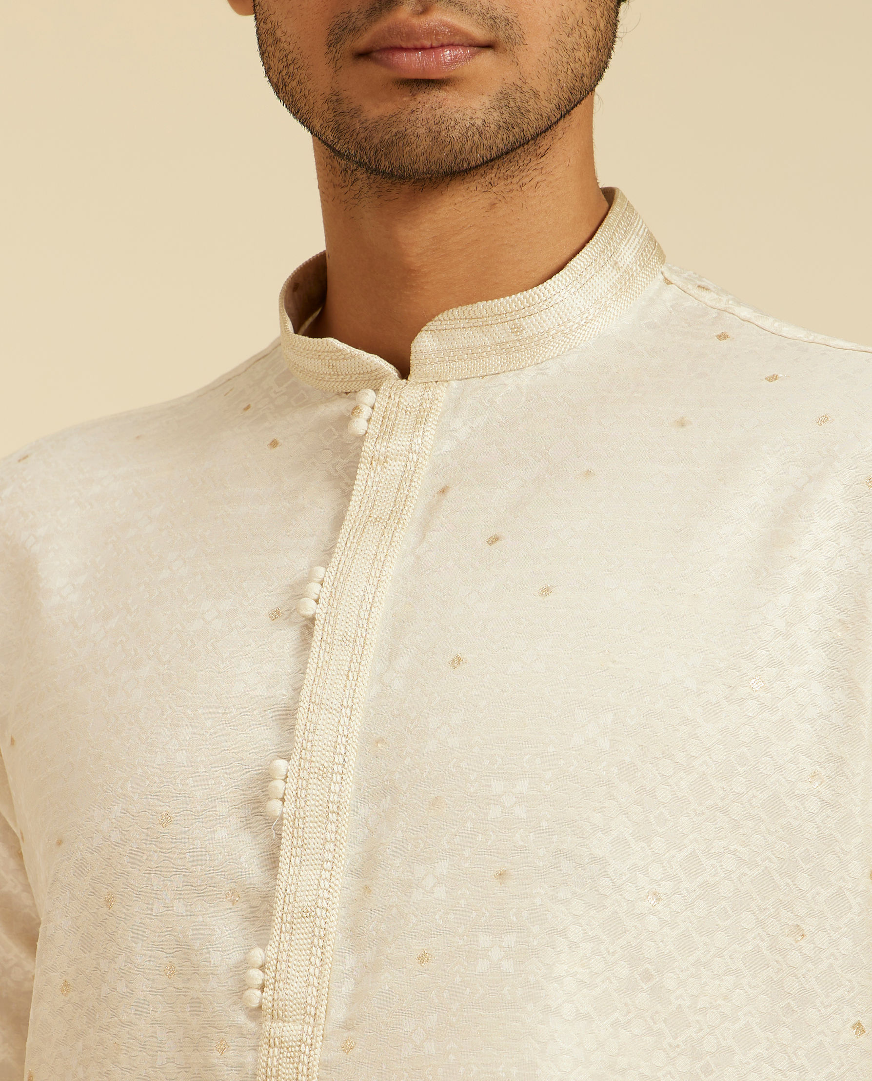 Diwas Men Cream White Lattice Kurta with Dotted Print