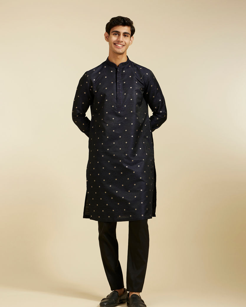 alt message - Diwas Men Indigo Blue Grid Kurta with Floral Embroidery image number 2