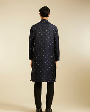Diwas Men Indigo Blue Grid Patterned Kurta with Floral Embroidery