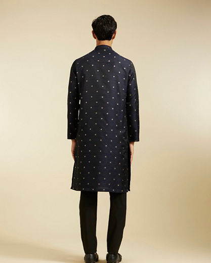 Diwas Men Indigo Blue Grid Patterned Kurta with Floral Embroidery