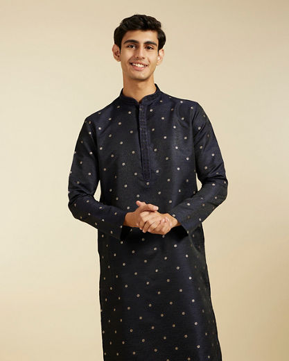 Diwas Men Indigo Blue Grid Patterned Kurta with Floral Embroidery