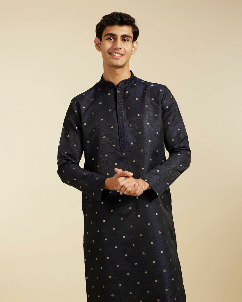 alt message - Diwas Men Indigo Blue Grid Kurta with Floral Embroidery image number 0