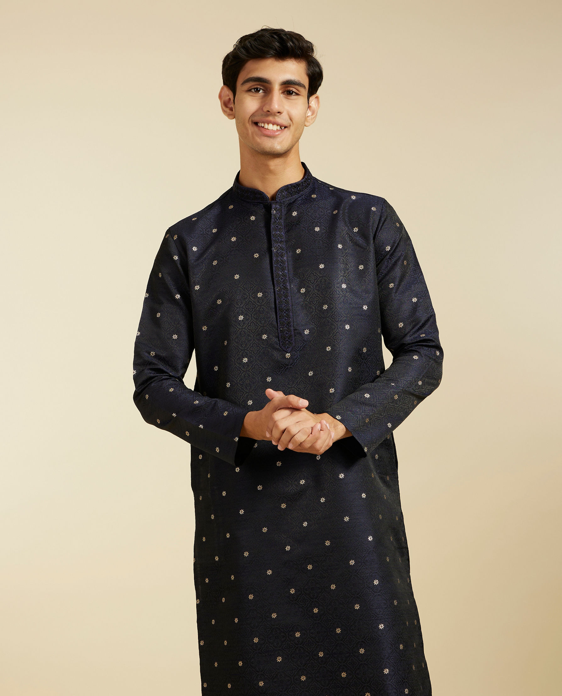 alt message - Diwas Men Indigo Blue Grid Kurta with Floral Embroidery image number 0