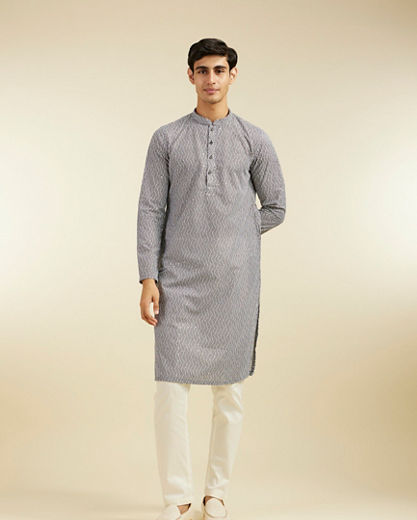 Diwas Men Battleship Grey Diamond Patterned Kurta with Rhinestones