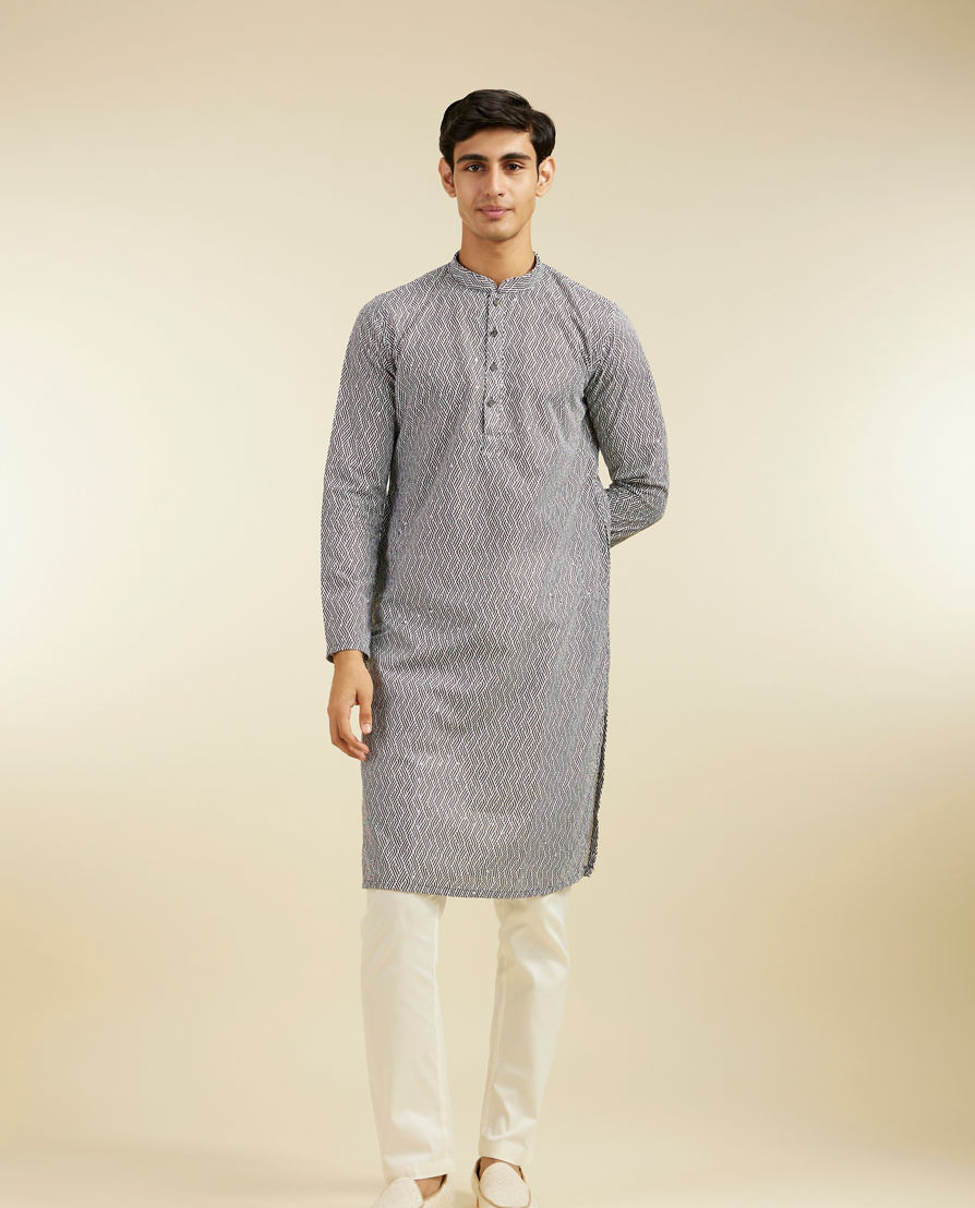 Diwas Men Battleship Grey Diamond Patterned Kurta with Rhinestones