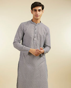 Diwas Men Battleship Grey Diamond Patterned Kurta with Rhinestones
