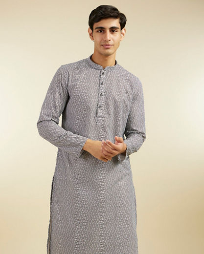 Diwas Men Battleship Grey Diamond Patterned Kurta with Rhinestones