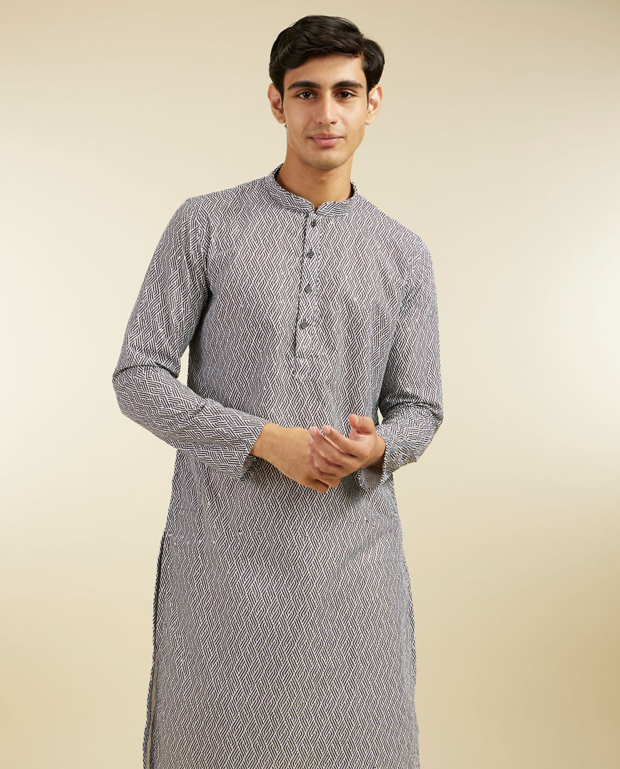Diwas Men Battleship Grey Diamond Patterned Kurta with Rhinestones