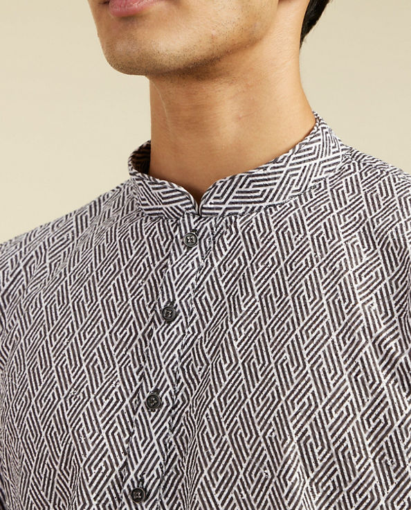 Diwas Men Battleship Grey Diamond Patterned Kurta with Rhinestones