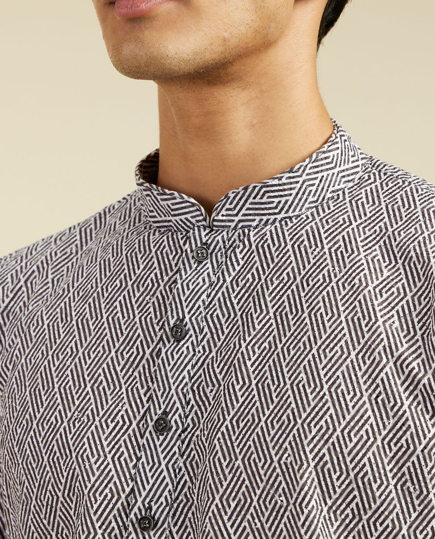 Diwas Men Battleship Grey Diamond Patterned Kurta with Rhinestones