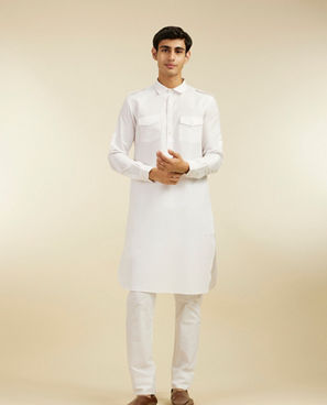 Diwas Men Pearl White Pathani Style Kurta with Cuffed Sleeves