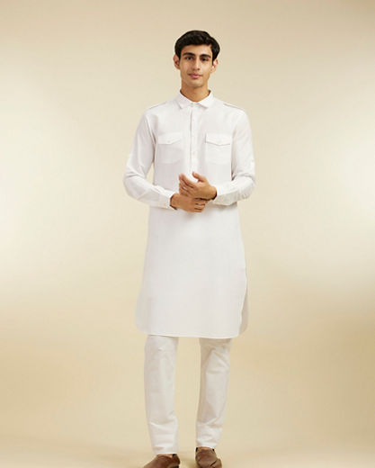 Diwas Men Pearl White Pathani Style Kurta with Cuffed Sleeves