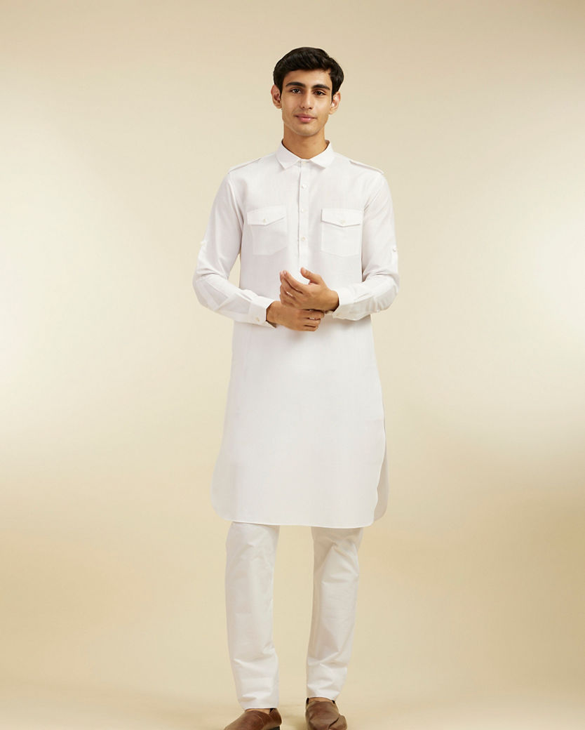 Diwas Men Pearl White Paithani Style Kurta with Cuffed Sleeves