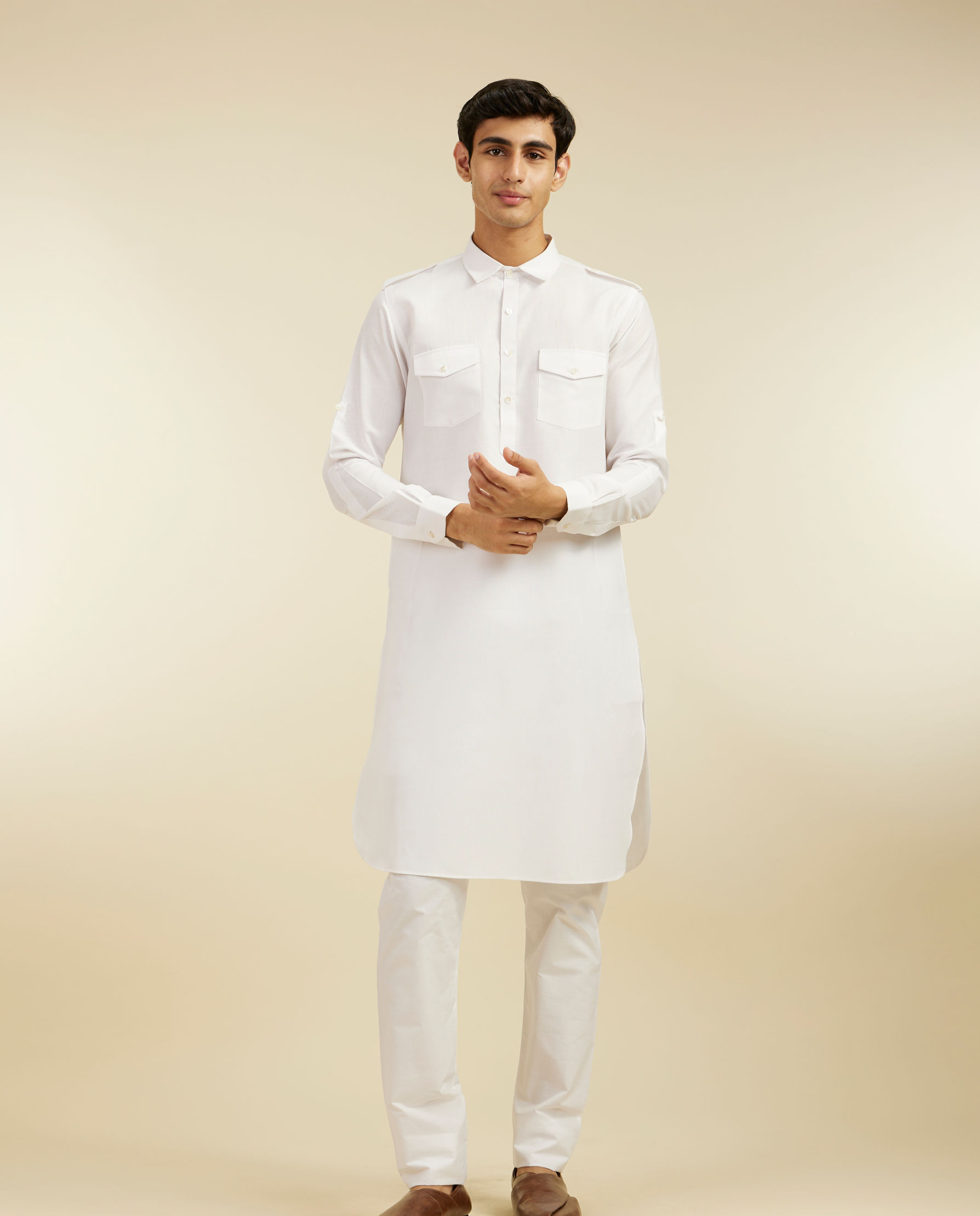 Diwas Men Pearl White Paithani Style Kurta with Cuffed Sleeves