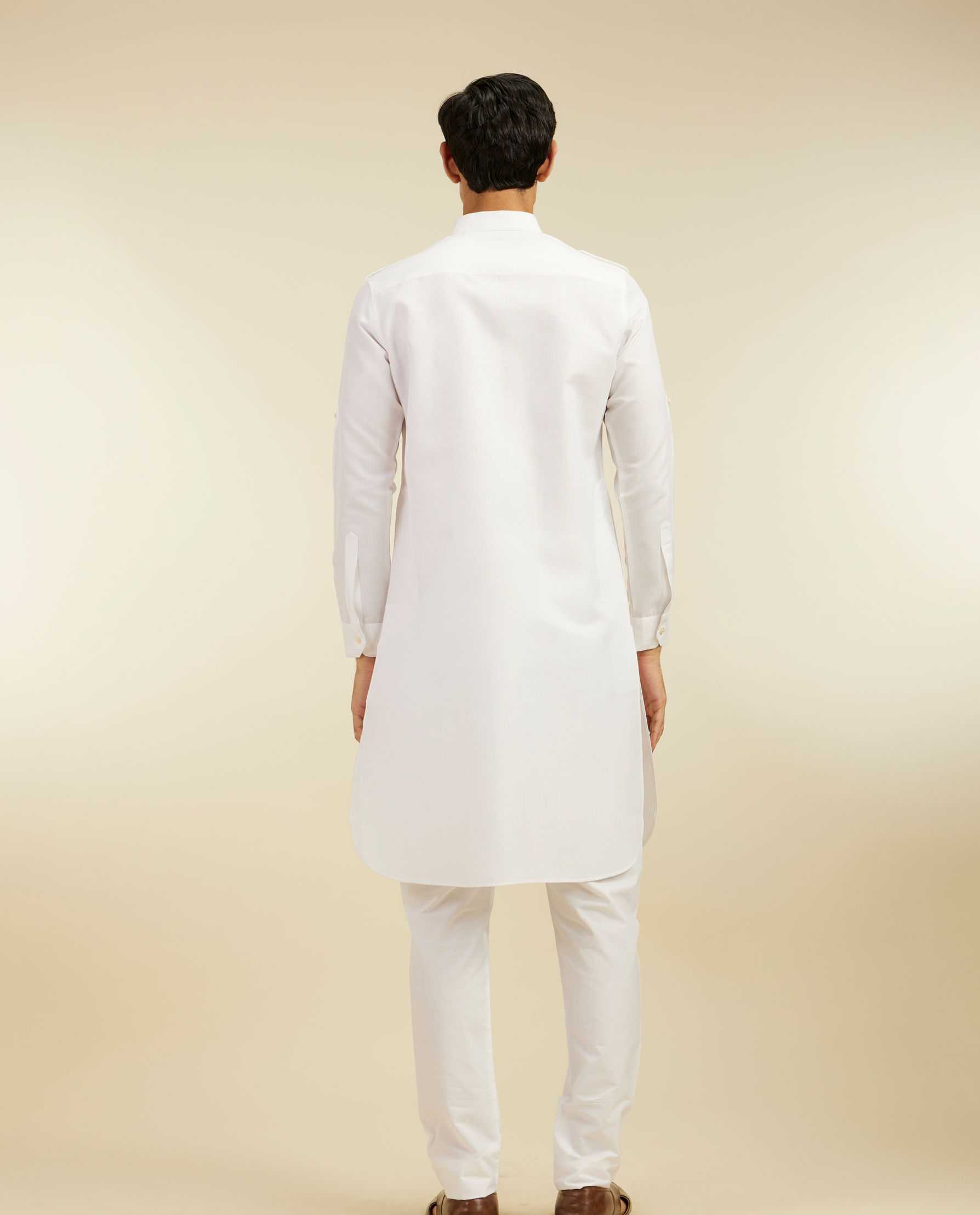 Diwas Men Pearl White Paithani Style Kurta with Cuffed Sleeves