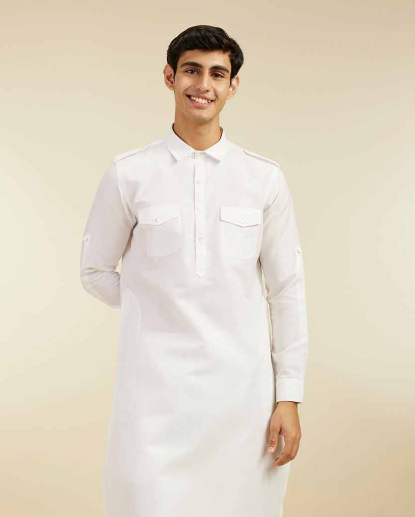 Diwas Men Pearl White Paithani Style Kurta with Cuffed Sleeves