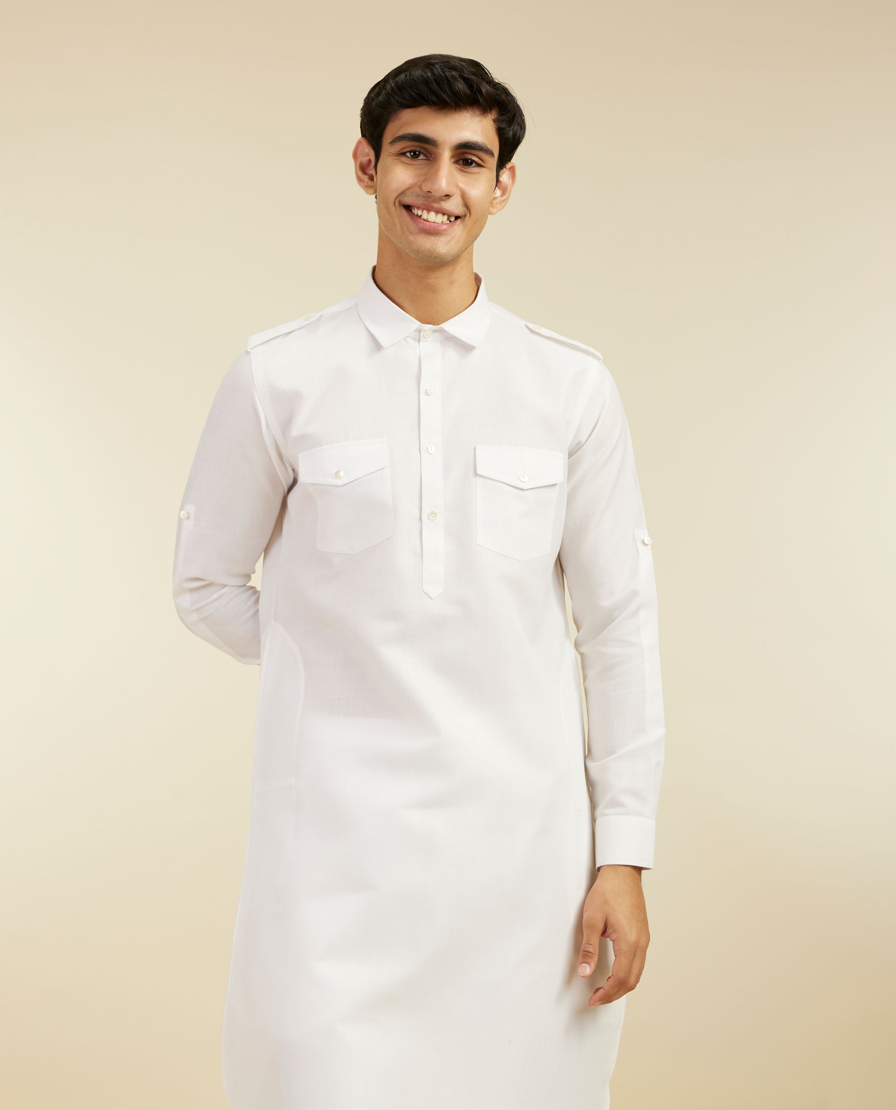 Diwas Men Pearl White Paithani Style Kurta with Cuffed Sleeves