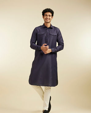 Diwas Men Indigo Blue Pathani Style Kurta with Cuffed Sleeves
