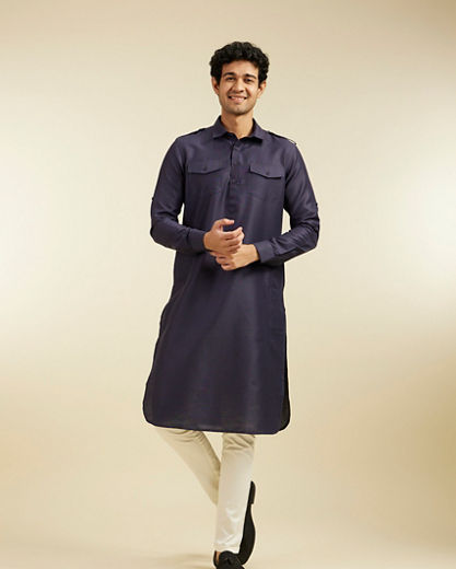 Diwas Men Indigo Blue Pathani Style Kurta with Cuffed Sleeves