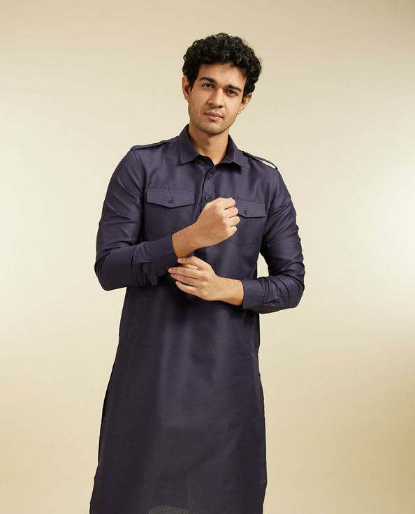 alt message - Diwas Men Indigo Blue Pathani Kurta with Cuffed Sleeves image number 0